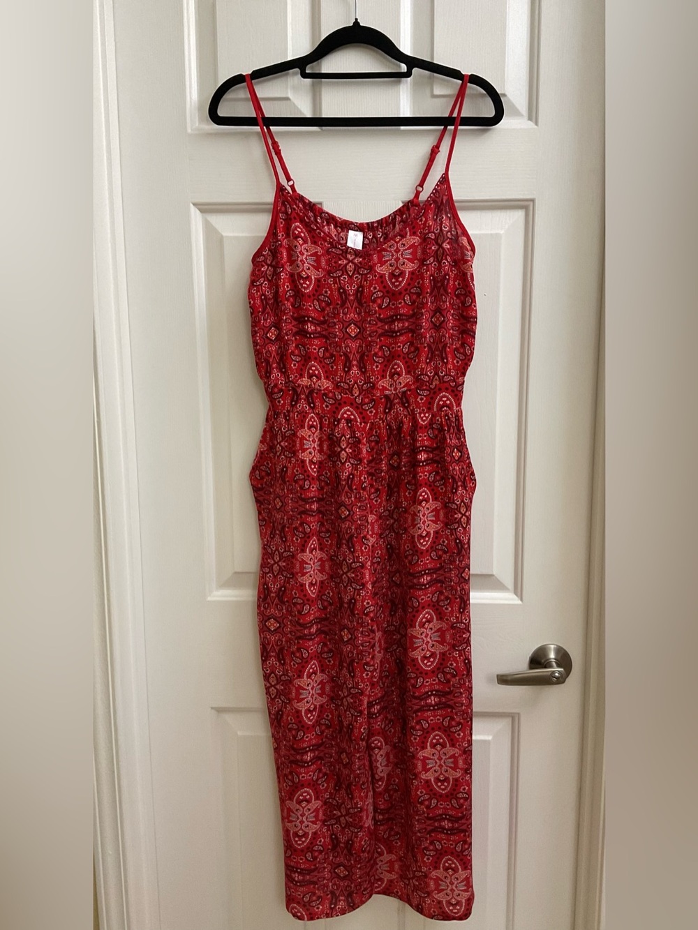 Red Bandana Print Rayon Spaghetti-Strap Cropped Jumpsuit Size L